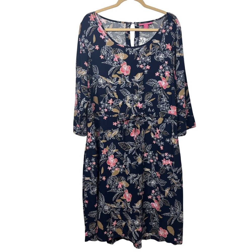 Woman Within 18 W Navy Floral Print Dress 3/4 Sleeve Flowy Midi Dress